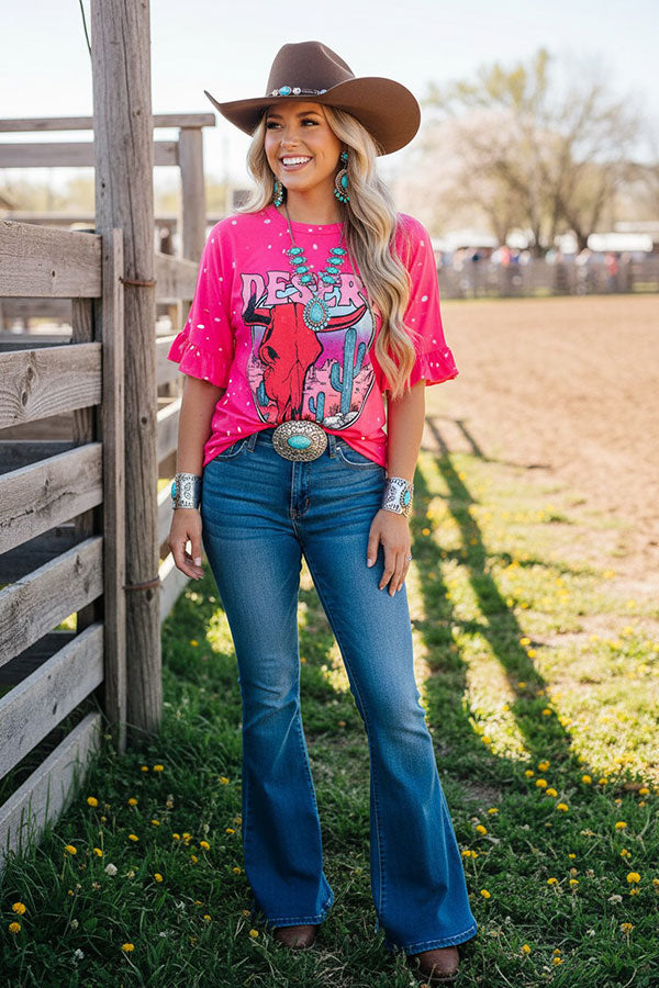 Shop western DESERT PINK bull skull printed short sleeve women top XCH12979
