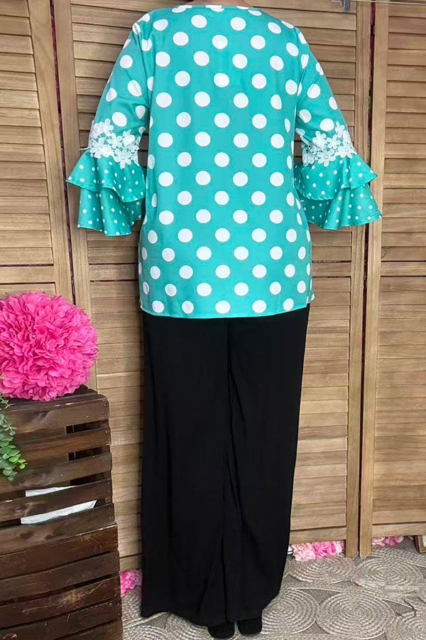Southern Stitch Turquoise Polka Dot ruffle bell sleeve women top XCH17017