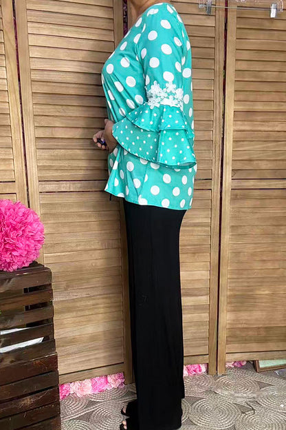Southern Stitch Turquoise Polka Dot ruffle bell sleeve women top XCH17017