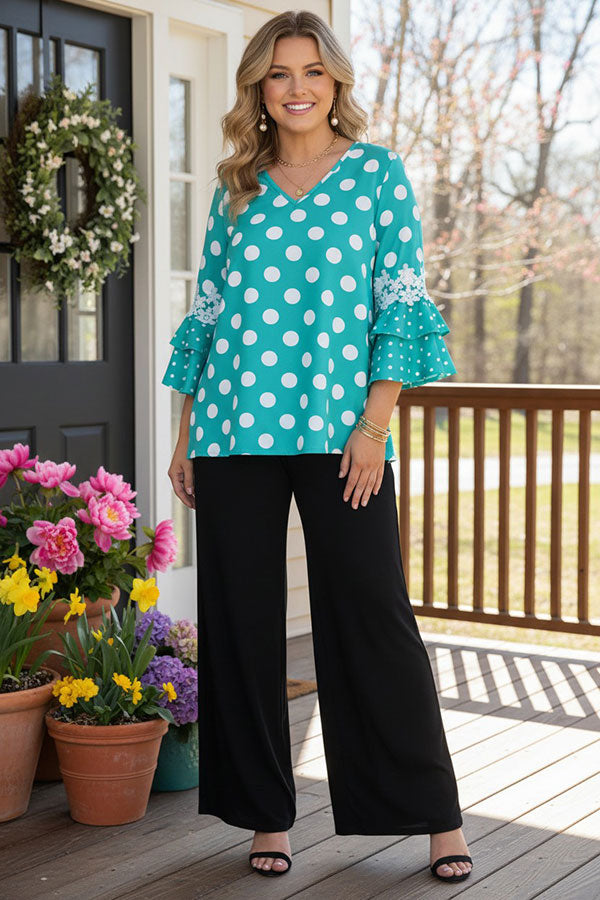 Southern Stitch Turquoise Polka Dot ruffle bell sleeve women top XCH17017