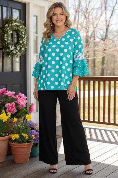 Southern Stitch Turquoise Polka Dot ruffle bell sleeve women top XCH17017