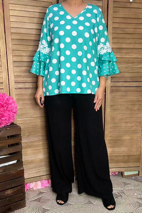 Southern Stitch Turquoise Polka Dot ruffle bell sleeve women top XCH17017