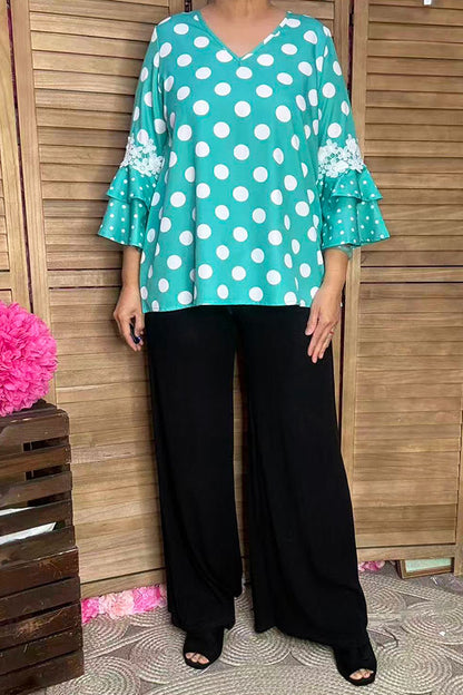Southern Stitch Turquoise Polka Dot ruffle bell sleeve women top XCH17017
