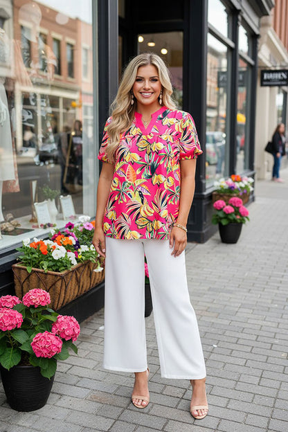 Trendy tropical patterns printed puff short sleeve women's boutique top GJQ16237