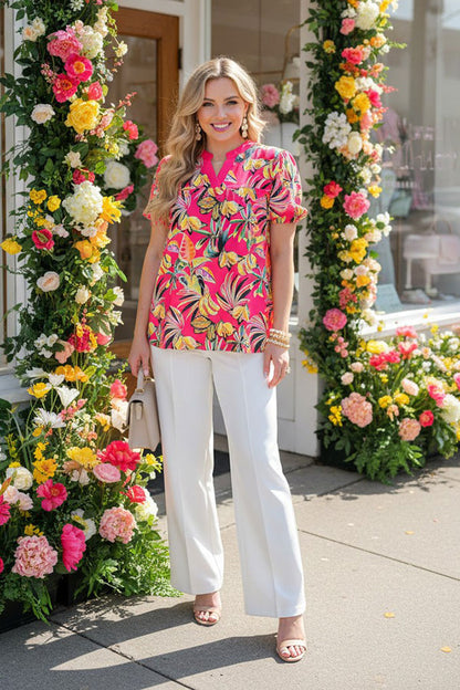 Trendy tropical patterns printed puff short sleeve women's boutique top GJQ16237
