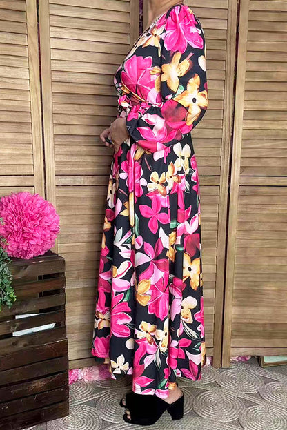Floral printed long sleeve women's maxi dress with belt BQ16314