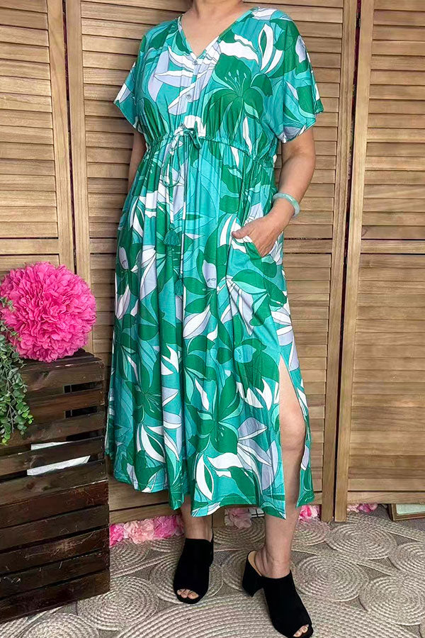 Western green floral printed short sleeve boutique women's dress GJQ16445