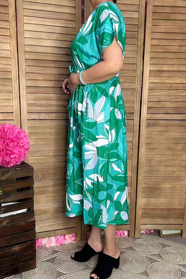 Western green floral printed short sleeve boutique women's dress GJQ16445