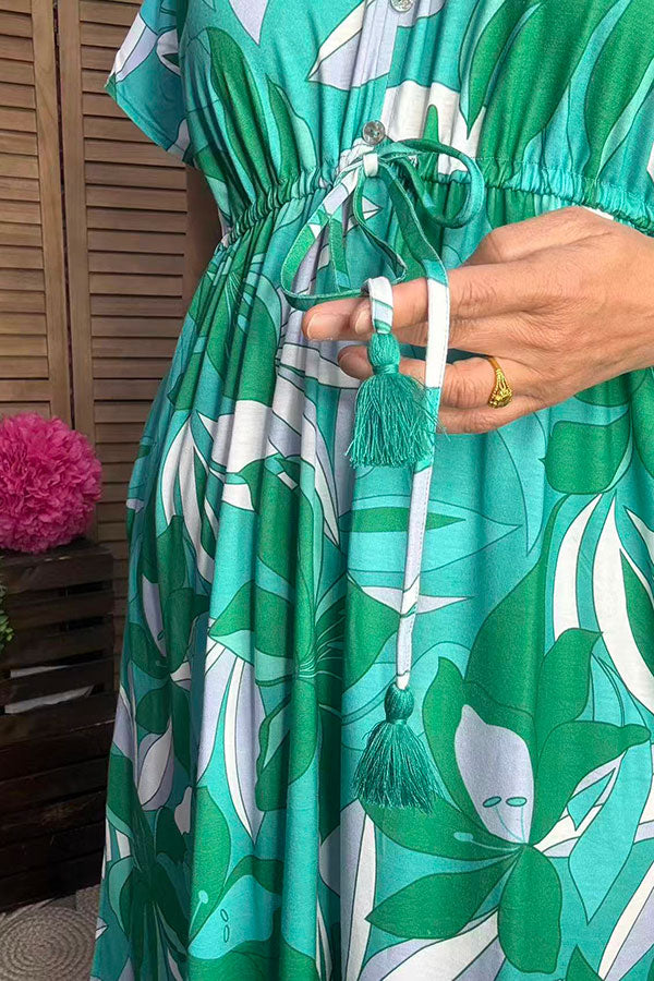 Western green floral printed short sleeve boutique women's dress GJQ16445