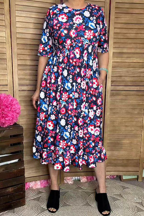 Trendy floral boutique maxi women's dress w/half sleeve elastic waist GJQ16148