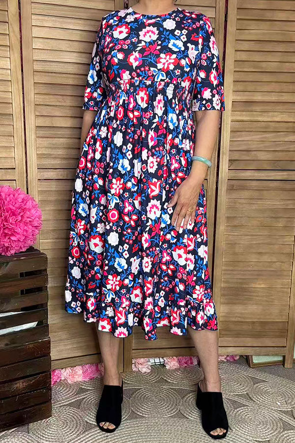 Trendy floral boutique maxi women's dress w/half sleeve elastic waist GJQ16148