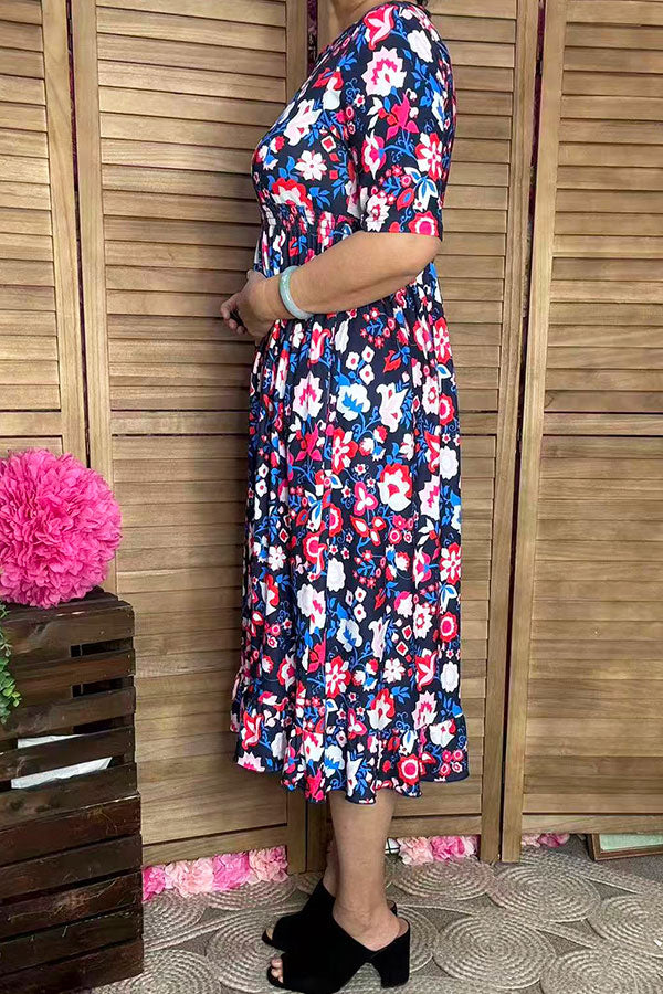 Trendy floral boutique maxi women's dress w/half sleeve elastic waist GJQ16148