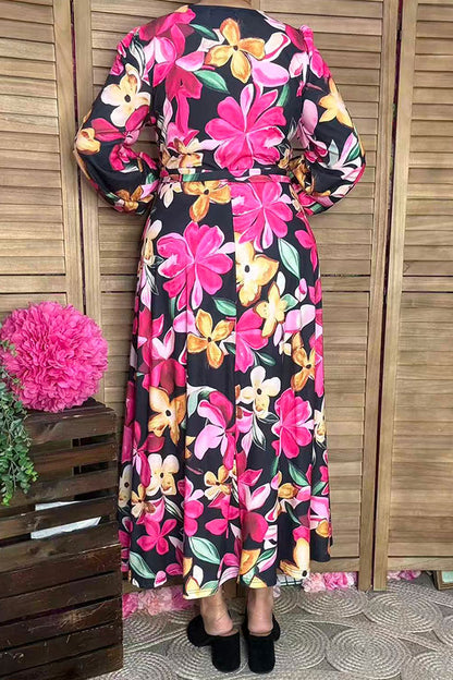 Floral printed long sleeve women's maxi dress with belt BQ16314