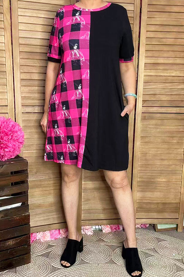 Western half pink plaid & horse riding & black women dress XCH14543