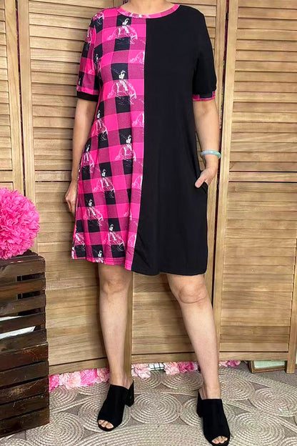 Western half pink plaid & horse riding & black women dress XCH14543