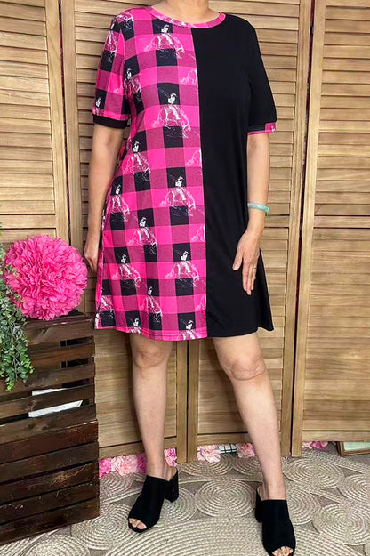 Western half pink plaid & horse riding & black women dress XCH14543