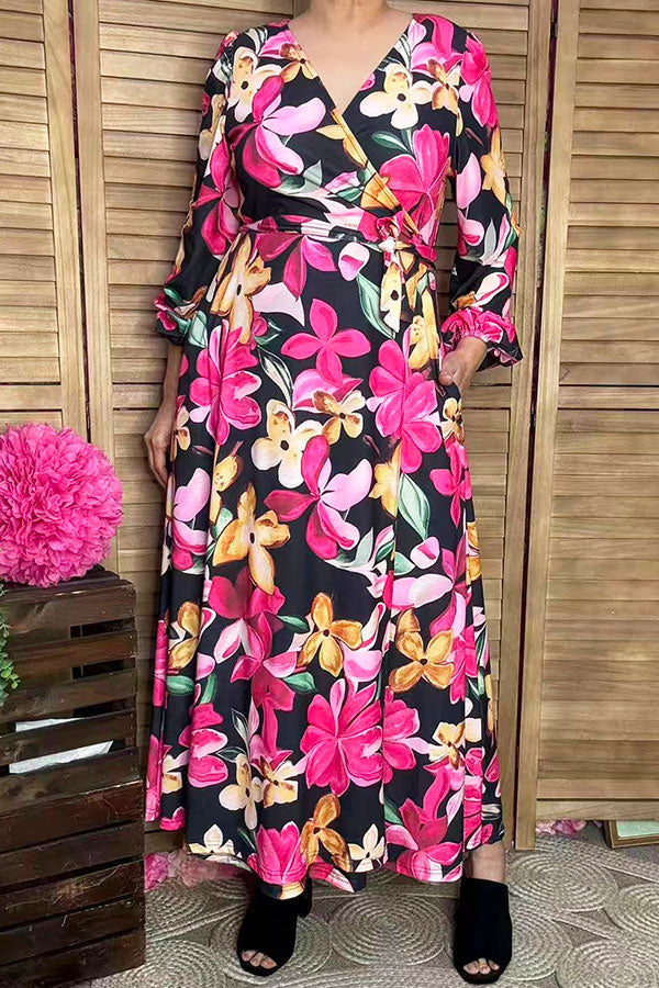 Floral printed long sleeve women's maxi dress with belt BQ16314