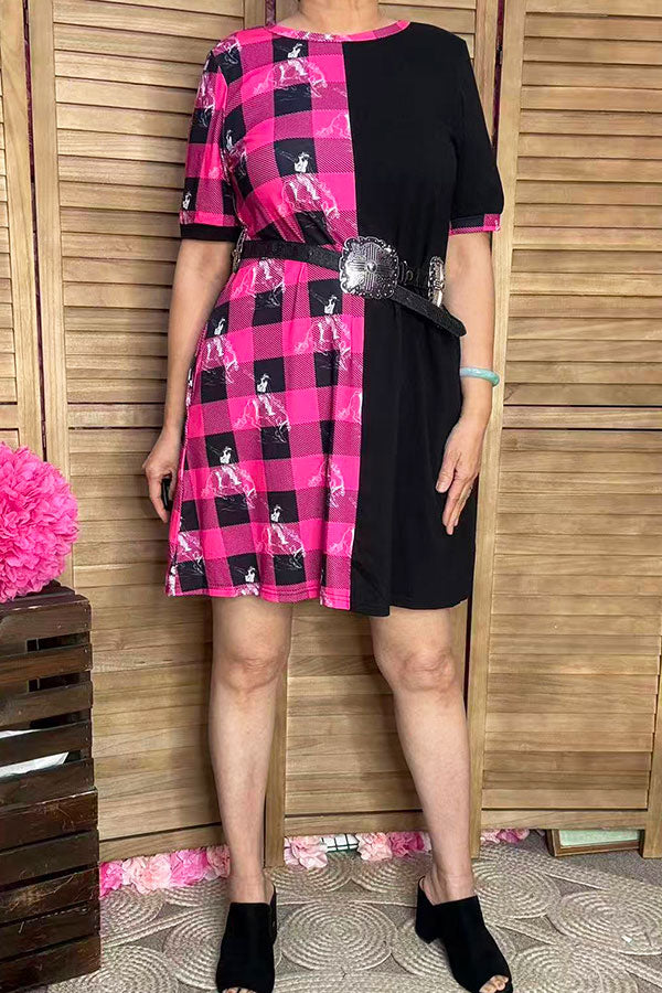 Western half pink plaid & horse riding & black women dress XCH14543