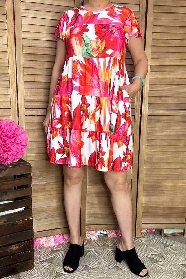 Trendy ruffle hem cap short sleeve floral women boutique dress GJQ16442