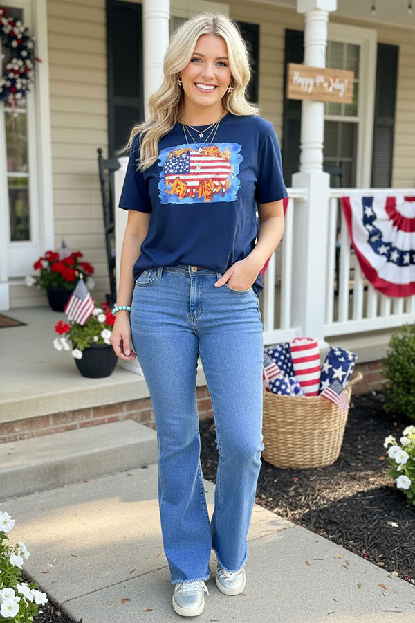 Women t-shirt suppliers Blue USA Flag printed buffalo short sleeves DLH10901