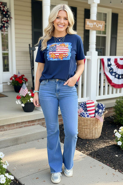 Women t-shirt suppliers Blue USA Flag printed buffalo short sleeves DLH10901