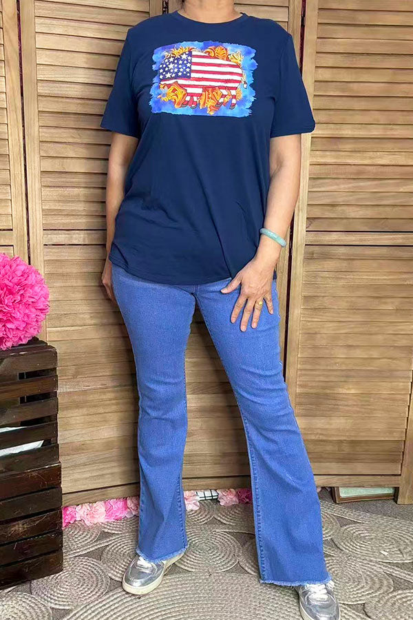 Women t-shirt suppliers Blue USA Flag printed buffalo short sleeves DLH10901