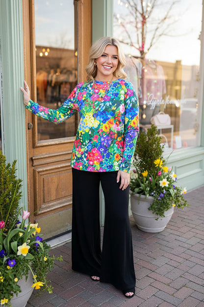 XCH15694 Multi color floral printed long sleeve women tops