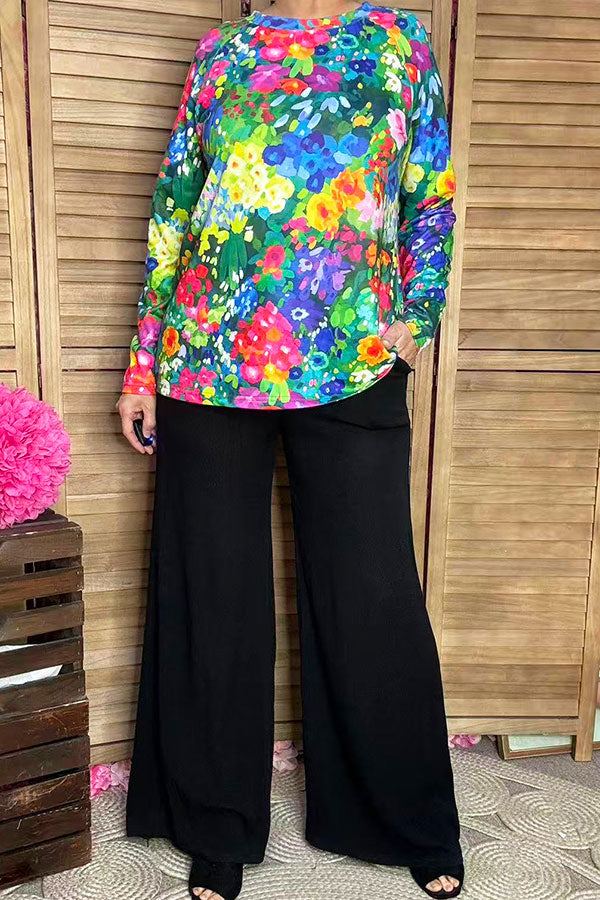 XCH15694 Multi color floral printed long sleeve women tops