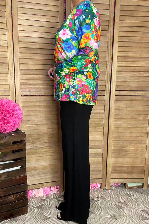 XCH15694 Multi color floral printed long sleeve women tops