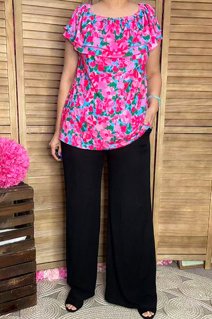 Shop women's blouse Floral printed & off shoulder & double ruffles GJQ16271