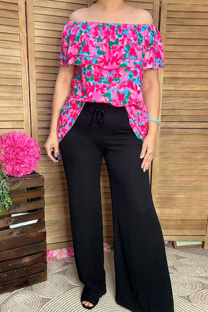 Shop women's blouse Floral printed & off shoulder & double ruffles GJQ16271
