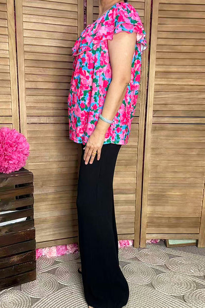 Shop women's blouse Floral printed & off shoulder & double ruffles GJQ16271