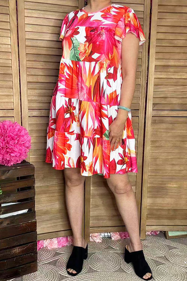 Trendy ruffle hem cap short sleeve floral women boutique dress GJQ16442