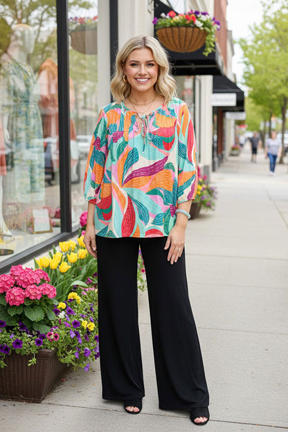 Multi Color tropical foliage printed 3/4 sleeves pleats front women blouse BQ16316