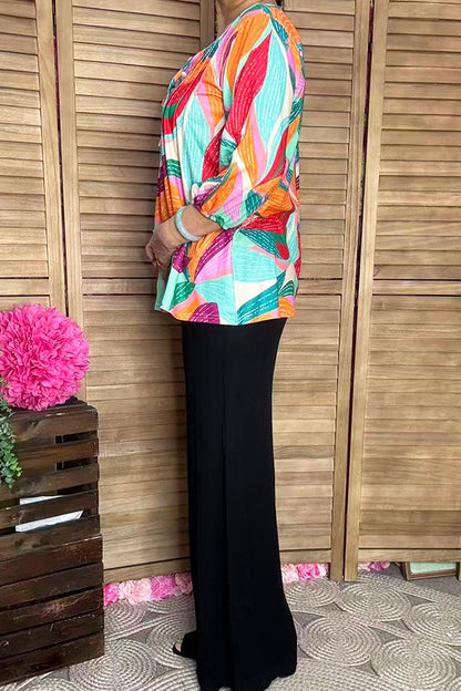 Multi Color tropical foliage printed 3/4 sleeves pleats front women blouse BQ16316