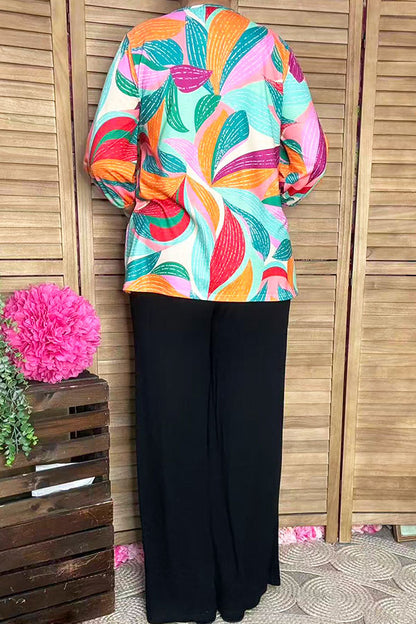 Multi Color tropical foliage printed 3/4 sleeves pleats front women blouse BQ16316