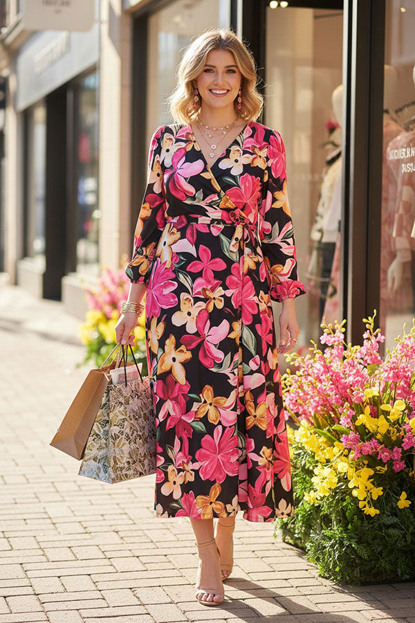 Floral printed long sleeve women's maxi dress with belt BQ16314