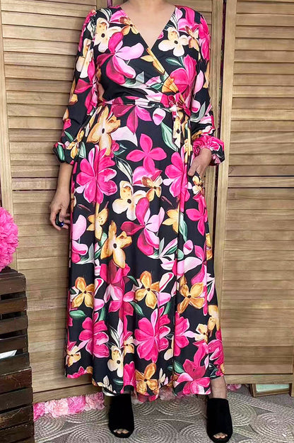 Floral printed long sleeve women's maxi dress with belt BQ16314