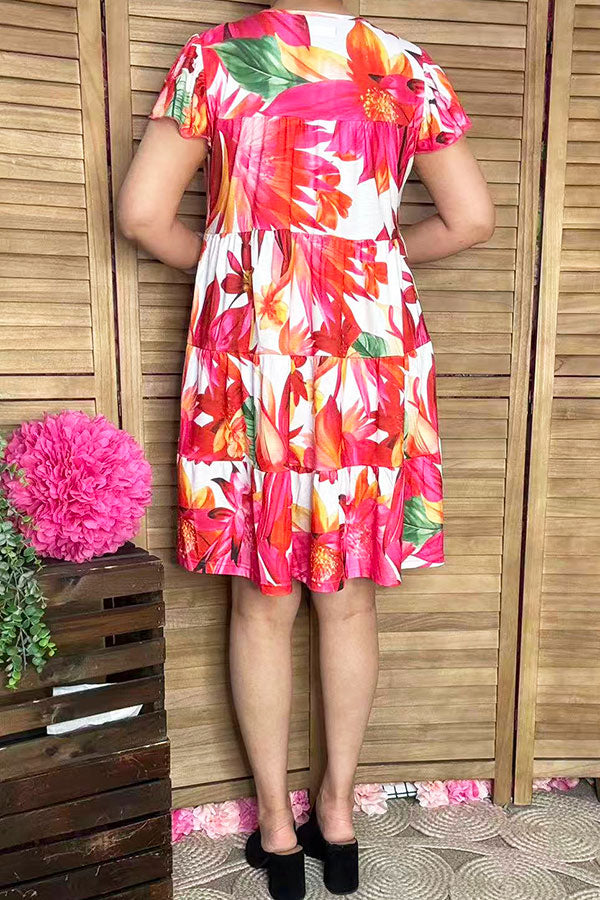 Trendy ruffle hem cap short sleeve floral women boutique dress GJQ16442