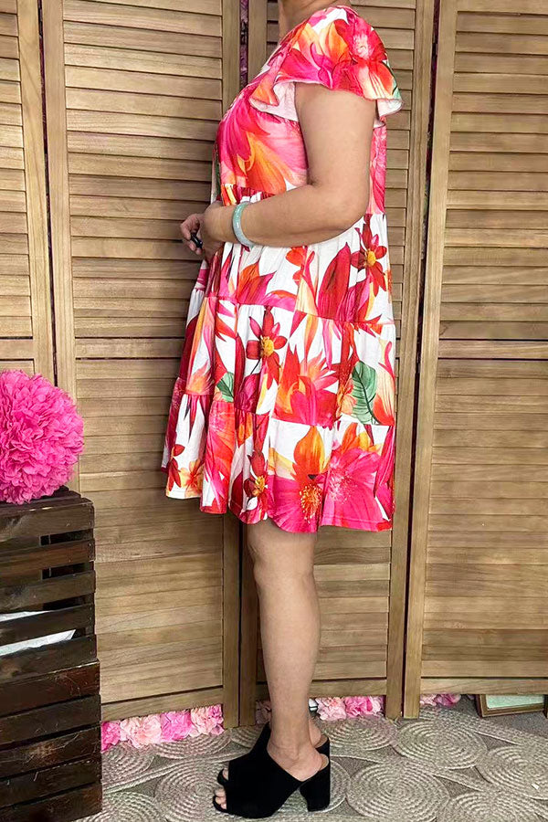 Trendy ruffle hem cap short sleeve floral women boutique dress GJQ16442