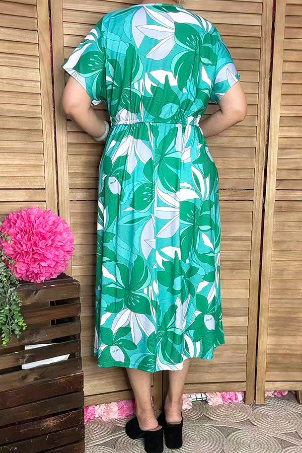 Western green floral printed short sleeve boutique women's dress GJQ16445