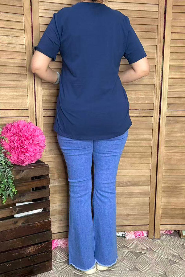 Women t-shirt suppliers Blue USA Flag printed buffalo short sleeves DLH10901