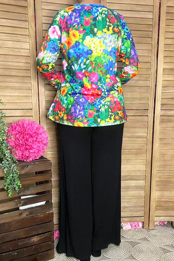 XCH15694 Multi color floral printed long sleeve women tops