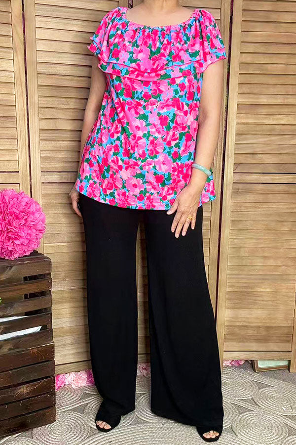Shop women's blouse Floral printed & off shoulder & double ruffles GJQ16271