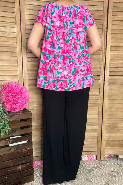 Shop women's blouse Floral printed & off shoulder & double ruffles GJQ16271