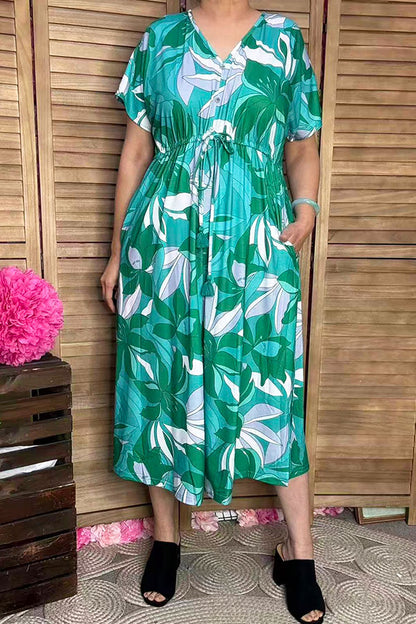 Western green floral printed short sleeve boutique women's dress GJQ16445