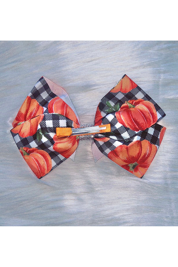 Pumpkins with black & white checker print 7.5" hair bow (set of 4pcs for $6.99) DLH0913-1