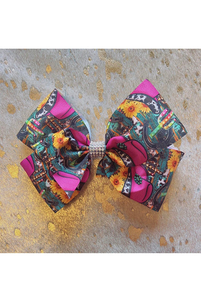 Hot pink cowboy hat w/sunflowers & cactus print 7.5" hair bow (set of 4pcs for $6.99) DLH0913-2