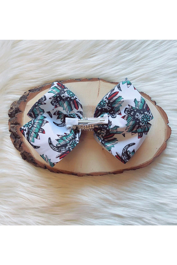White cow skull on a sunflower printed 7.5" hairbow (set of 4pcs for $6.99) DLH0913-4