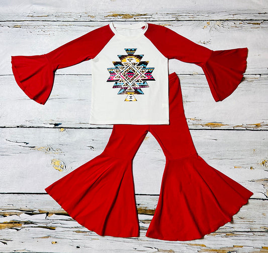 Burgundy & white Aztec printed girls set DLH0923-14